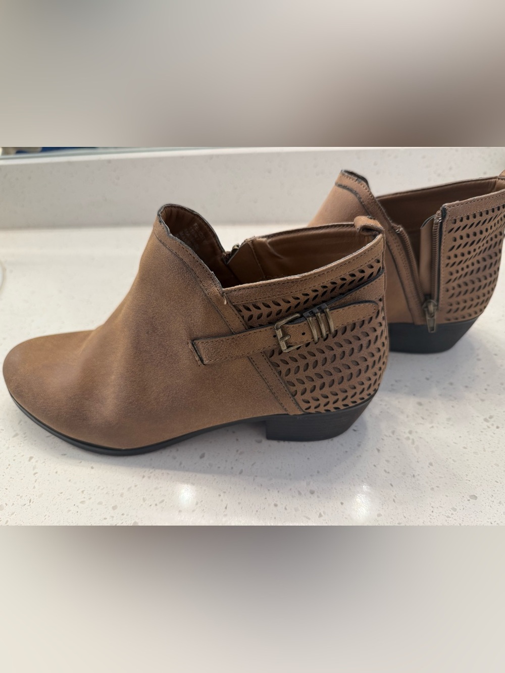 Me Too brand Brown Perforated Cutout Ankle Booties with Buckle Detail